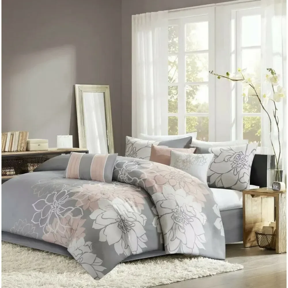 Madison Park Lola Queen Comforter shams skirt pillows Set Grey/Pink/White NEW